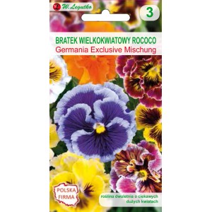 Opakowanie nasion bratków Rococo Germania mix z kolorowymi kwiatami.