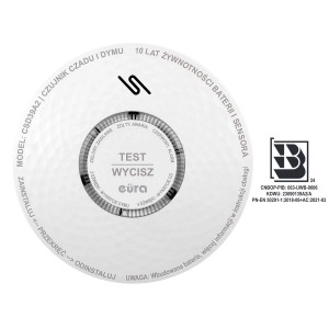 Biały czujnik dymu t.b.t. z instrukcją montażu i funkcją testową.