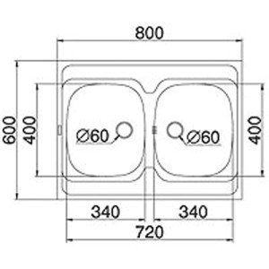 Rysunek techniczny: zlewozmywak ze stali nierdzewnej t.b.t. z wymiarami.