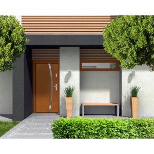 Nowoczesne drzwi zewnętrzne w kolorze drewna ze srebrnym akcentem, osadzone w stylowej fasadzie.