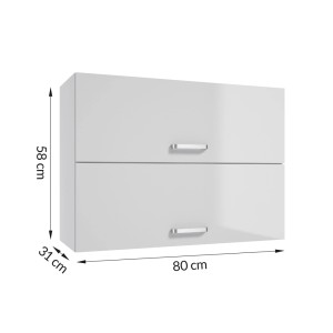 Biała szafka wisząca (80x58x31cm) z zestawu mebli kuchennych z dwoma drzwiami i uchwytami.
