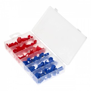 Pudełko asortymentowe z czerwonymi i niebieskimi t.b.t. Złączki do kanałów kablowych.