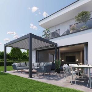 Nowoczesna pergola Biohort w kolorze ciemnoszary metalik na patio z meblami ogrodowymi.