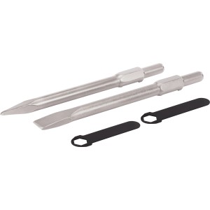 Akcesoria do młota wyburzeniowego CMI: Dłuto szpiczaste, dłuto płaskie i klucz trzpieniowy.