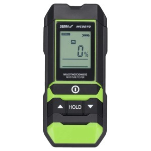 Wilgotnościomierz t.b.t. do pomiaru wilgotności w materiałach. Czarne i zielone urządzenie pomiarowe.