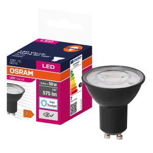 Czarna żarówka LED GU10 firmy Osram, obok opakowania.