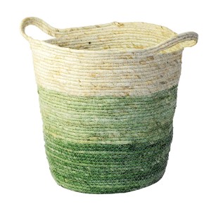 Ręcznie robiona osłonka/kosz z włókien naturalnych, dwukolorowa (naturalny/zielony), z uchwytami.