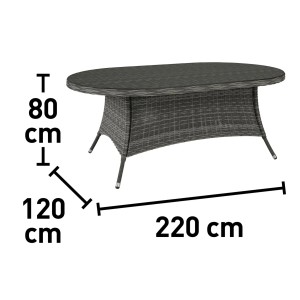 Szary, owalny stół ogrodowy t.b.t. o wymiarach 220x120x80 cm.