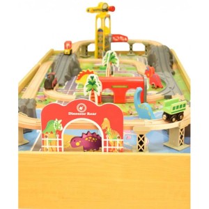 Drewniana kolejka z motywem dinozaurów i akcesoriami do zabawy dla dzieci.