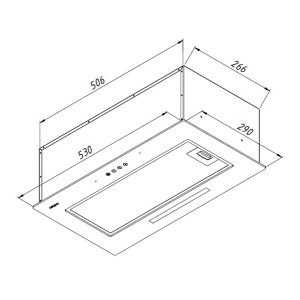 Rysunek techniczny płaskiego okapu kuchennego z wymiarami.