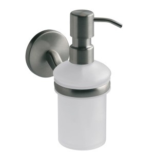 Dozownik do mydła t.b.t. montowany na ścianie, stal nierdzewna i szkło, część zestawu akcesoriów łazienkowych.