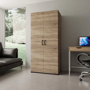 Szafa t.b.t. w kolorze drewna z dwoma drzwiami i czarnymi uchwytami.