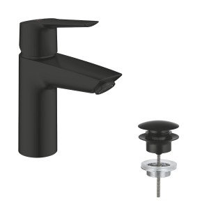 Bateria umywalkowa Grohe QuickFix Start S-Size, czarna, z zestawem odpływowym.