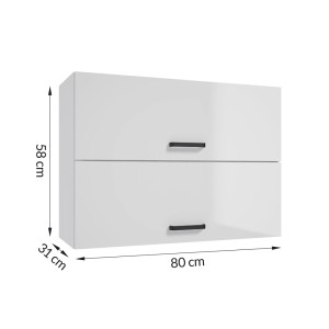 Biała szafka wisząca (80x58x31 cm) do zestawu mebli kuchennych z dwoma drzwiami i czarnymi uchwytami.