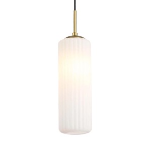 Elegancka lampa wisząca t.b.t. z cylindrycznym, żebrowanym kloszem i złotym zawieszeniem.
