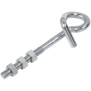 Srebrna śruba oczkowa z nakrętkami, akcesorium do różnych zastosowań.