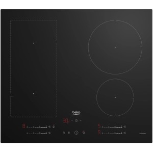 Czarna płyta indukcyjna Beko z trzema strefami grzewczymi i cyfrowym sterowaniem.