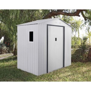 Metalowy domek narzędziowy: Solidna szopa z oknem i drzwiami do ogrodu.