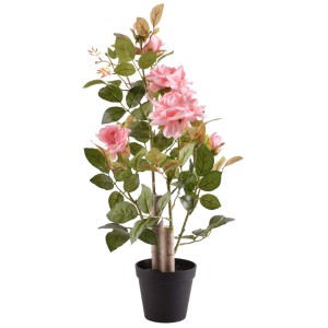 Sztuczna róża w doniczce, różowe kwiaty i zielone liście, dekoracja.