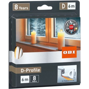 Opakowanie białej gumowej uszczelki do drzwi/okien OBI z profilem D, długość 6 m.