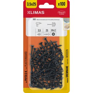 Paczka czarnych wkrętów do płyt gipsowych 3,5x25 mm, odpowiednie do podkonstrukcji drewnianych.