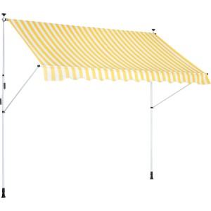 Żółto-biała markiza t.b.t. w paski do użytku zewnętrznego.