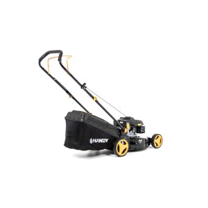Czarna kosiarka spalinowa t.b.t. z żółtymi akcentami i koszem.