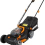 Kosiarka akumulatorowa Worx WG743E, szerokość koszenia 40 cm, akumulator 2x20V PowerShare i kosz na trawę.