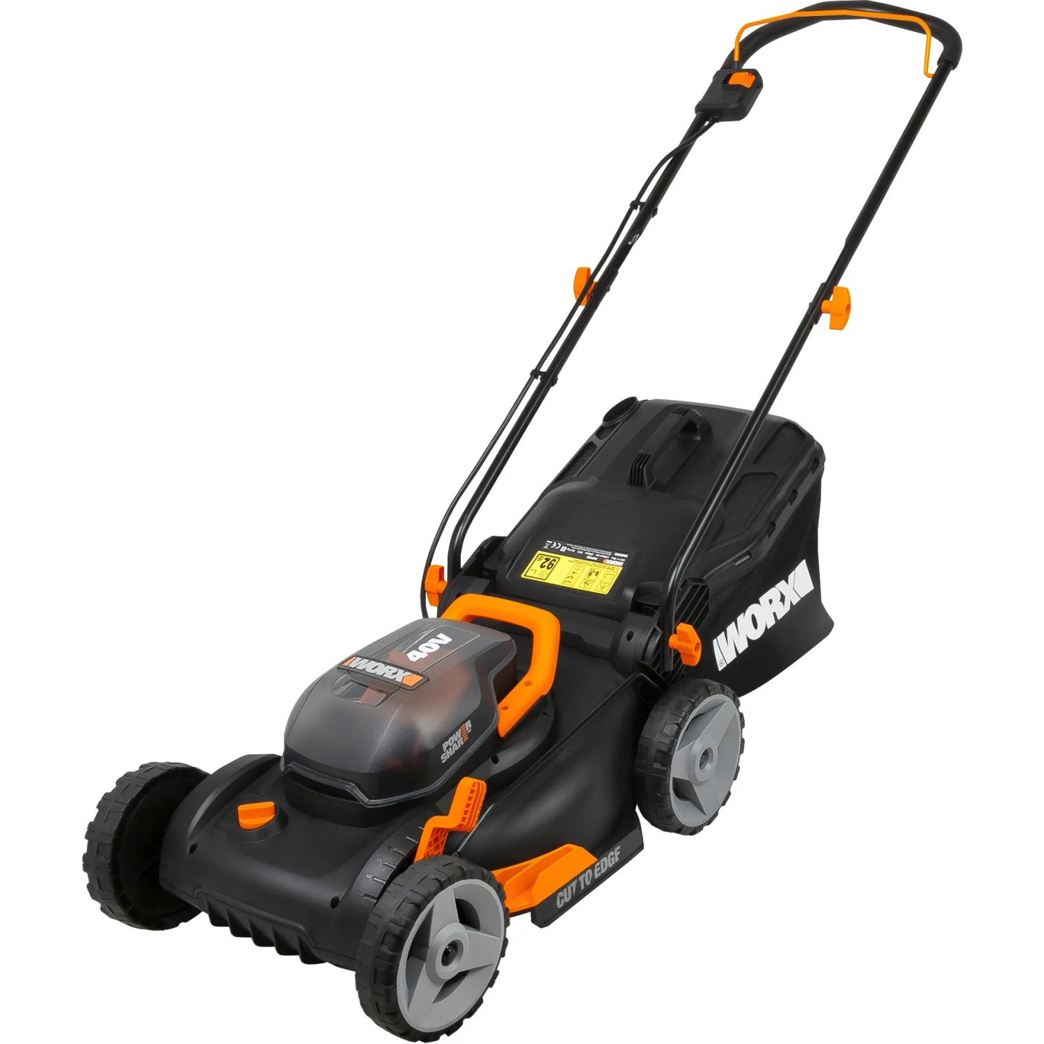 Kosiarka akumulatorowa Worx WG743E, szerokość koszenia 40 cm, akumulator 2x20V PowerShare i kosz na trawę.