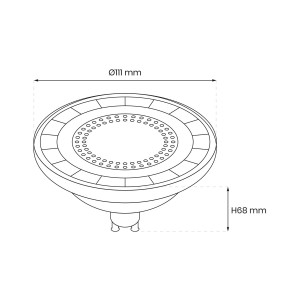 Rysunek techniczny żarówki LED GU10 z wymiarami (średnica 111mm, wysokość 68mm).