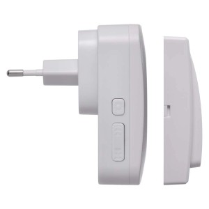 Biały, bezprzewodowy dzwonek do drzwi z wtyczką i odbiornikiem.