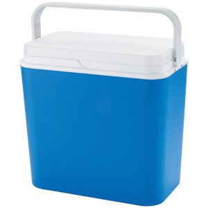 Niebieski pojemnik termoizolacyjny z białą pokrywą i uchwytem do przenoszenia.