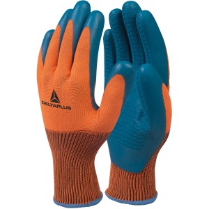Pomarańczowo-niebieskie rękawice ogrodowe t.b.t. dla pewnego chwytu i ochrony podczas prac ogrodowych.