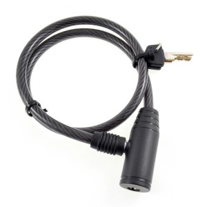 Czarna linka rowerowa t.b.t. z kluczem.