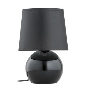 Czarna lampa stołowa z okrągłą podstawą i materiałowym abażurem do nastrojowego oświetlenia.