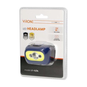 Niebieska latarka czołowa LED Virone, zapakowana. Kompaktowa lampa na kemping i do użytku na zewnątrz.