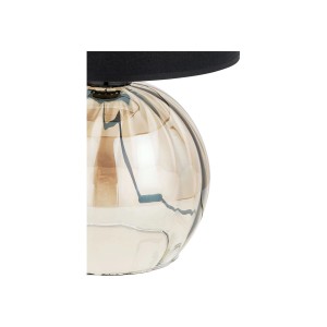 Dekoracyjna lampa stołowa ze szklaną podstawą i czarnym abażurem.