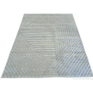 Nowoczesny, szary dywan z krótkim włosiem i geometrycznym wzorem.