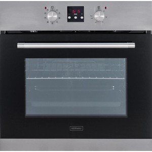 Piekarnik do zabudowy Kernau ze stali nierdzewnej z czarnym szklanym frontem i wyświetlaczem cyfrowym.
