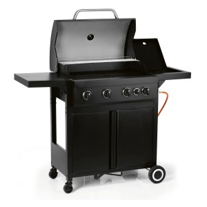 Czarny grill gazowy t.b.t. z czterema palnikami, półkami bocznymi i szafką.
