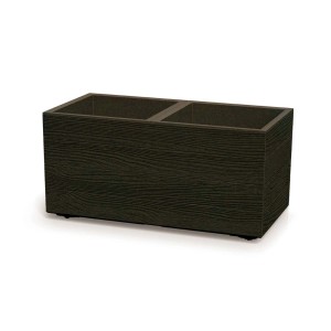 Ciemnobrązowa donica t.b.t. z teksturą drewna i dwoma przegródkami.