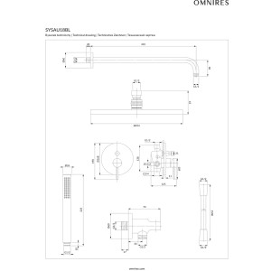 Rysunek techniczny zestawu prysznicowego t.b.t. z wymiarami i przyłączami.