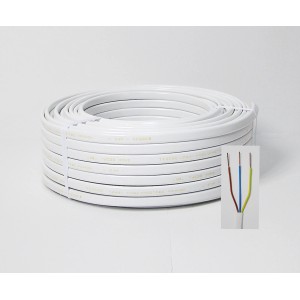 Zwinięty biały kabel w izolacji z tworzywa sztucznego, widok szczegółowy żył kabla.