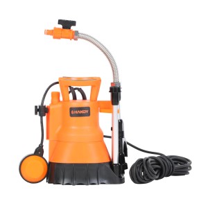 Pomarańczowa pompa elektryczna z czarnym kablem i pływakiem do instalacji wodnych.