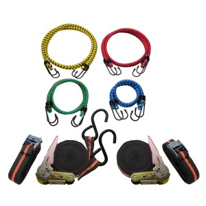 Zestaw pasów mocujących LUX, 12-częściowy z pasami z grzechotką, pasami z klamrą krzywkową i linkami bungee z haczykami.