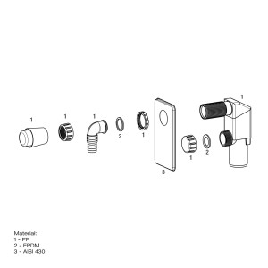 Części do syfonu pralki lub zmywarki, w tym uszczelki i wspornik ścienny.