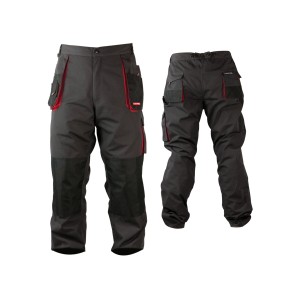 Spodnie robocze t.b.t. w kolorze szarym/czarnym z czerwonymi akcentami. Wytrzymała odzież robocza dla rzemieślników.