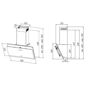Rysunek techniczny okapu ściennego t.b.t. z wymiarami.