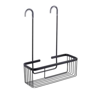 Czarny koszyk wiszący na akcesoria łazienkowe do montażu na ścianie prysznicowej lub drzwiach.