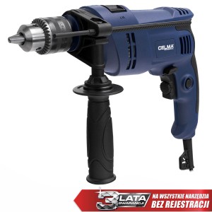 Niebieska wiertarka t.b.t. z czarnym uchwytem pomocniczym.